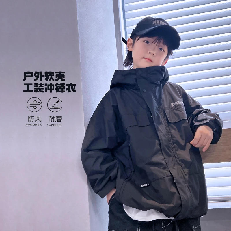 【机能工装】2025春季新品男童黑色潮酷外套演出服韩版工装502591O5