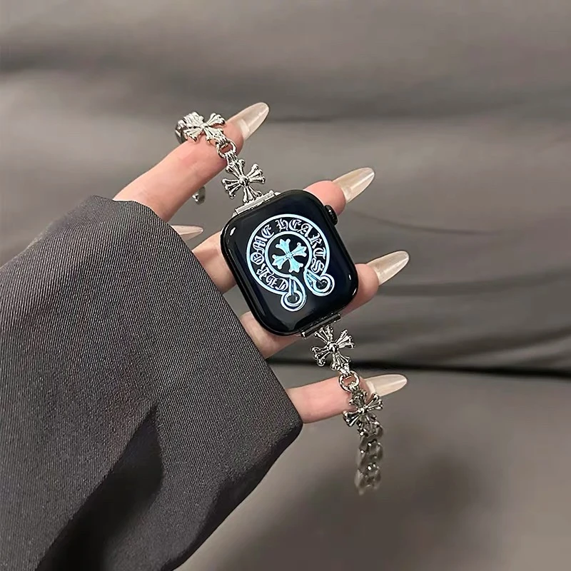 适用苹果手表表带iWatchs11代金属女款GT6十字架链式透气男女高级