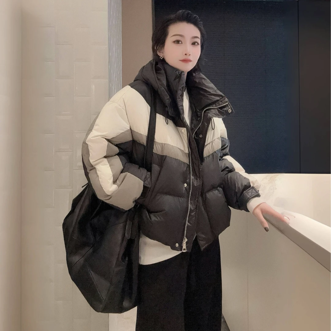 YUXI▪韩版2025秋冬新款加厚连帽百搭撞色羽绒服外套