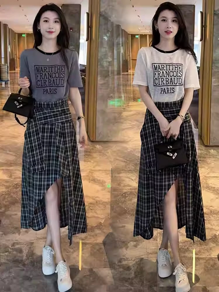 时尚连衣裙套装女夏季新款洋气短袖T恤格子不规则半身裙两件套潮