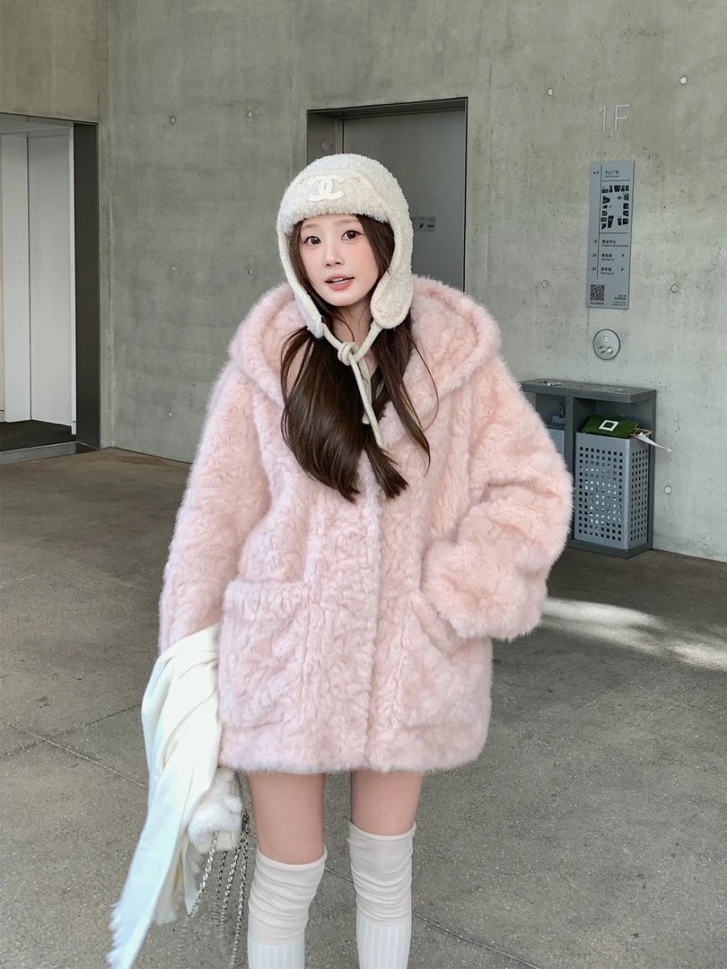 秋冬韩系慵懒感连帽宽松环保羊羔毛外套加厚中长款大衣