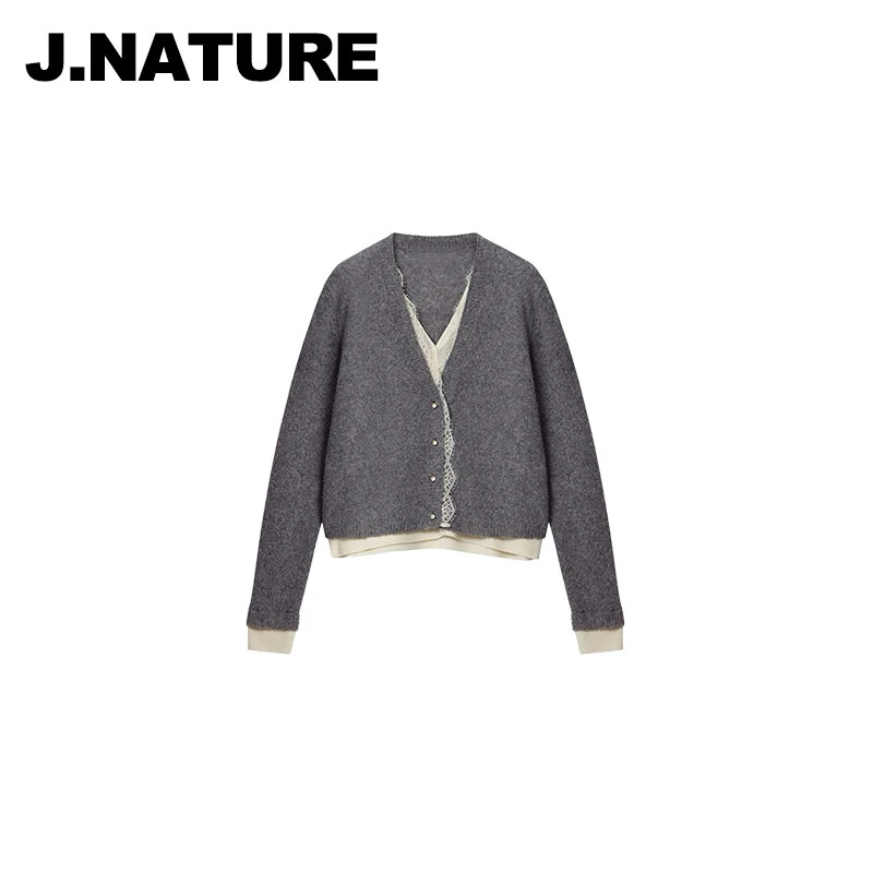 JUST NATURE ｜时尚V领蕾丝花边装饰假两件针织开衫女