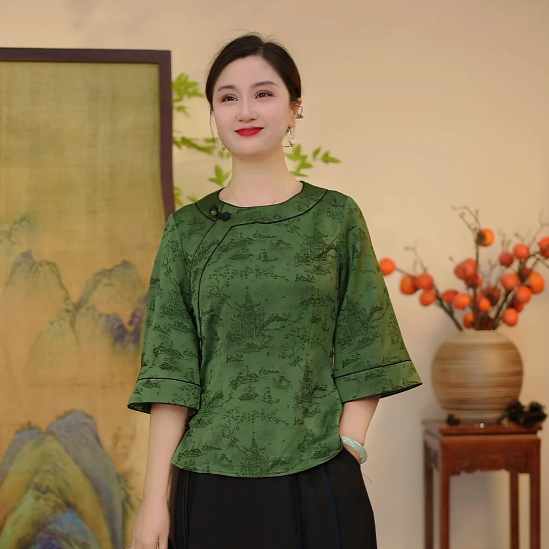 瓷萱【锦绣】夏季复古改良旗袍上衣七分袖倒大袖国风圆领宽松小衫