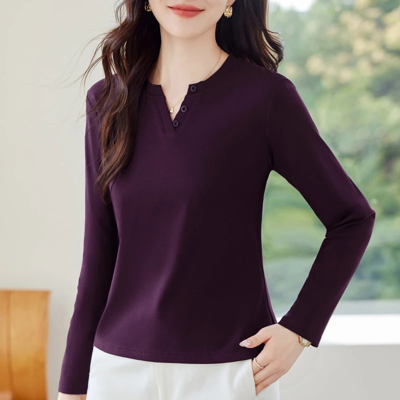 长袖正肩t恤女士上衣2025年新款春秋时尚修身显瘦V领可外穿打底衫