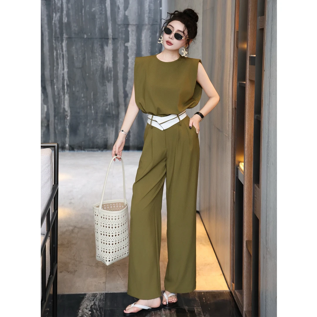时髦洋气套装女2025夏季新款设计感无袖背心上衣撞色阔腿裤两件套