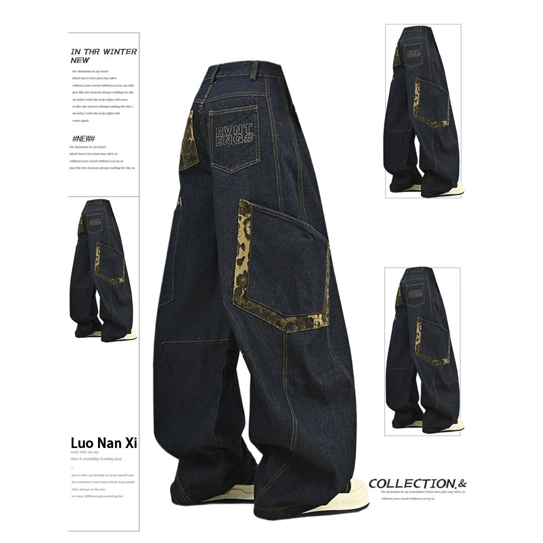 特大码美式豹纹拼接弯刀牛仔裤女秋季胖mm宽松显瘦梨形身材阔腿裤