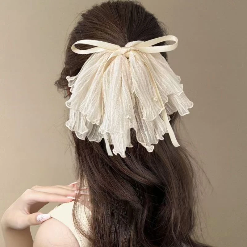 luluka蓝色蝴蝶结珍珠抓夹女高级感飘带马尾半扎发绳旅行领结