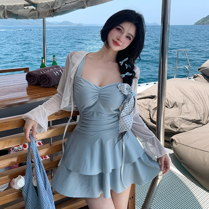 爆款女连体泳衣保守显瘦罩衫适合防晒温泉游泳装遮肚胖MM纯欲风