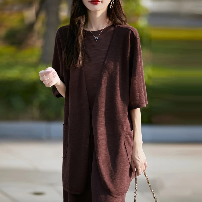 甄选竹节麻夏季中长款薄款短袖休闲宽松通勤毛针织衫百搭中袖防晒