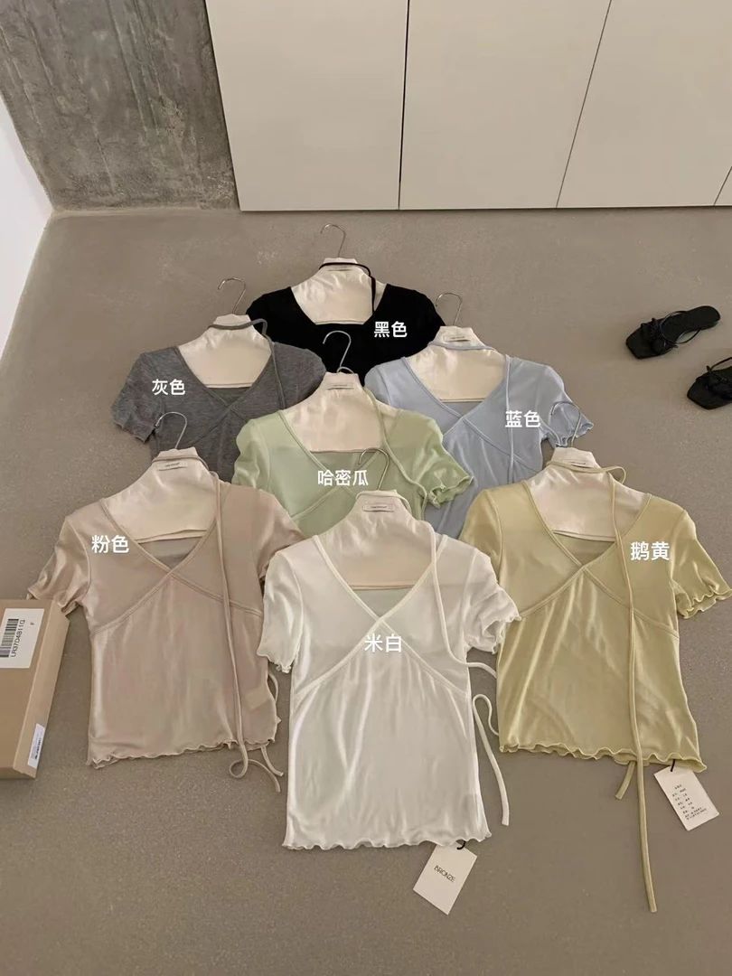 imiss@90283 韩系百搭设计感弹性显瘦T（68莱塞尔 配小飘带）5-22