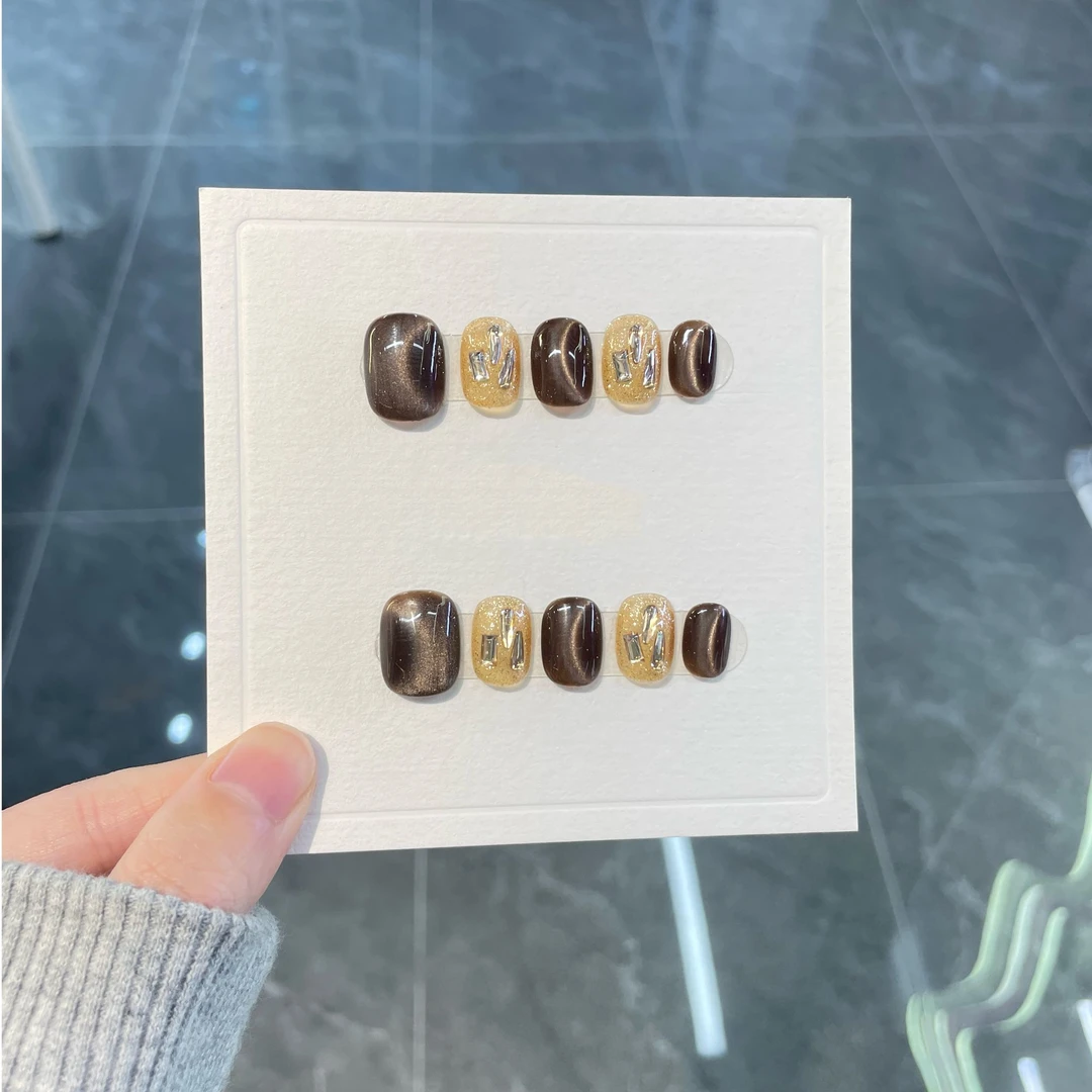 冰美式·LIZHI新款金棕色猫眼闪钻高级感秋冬显白纯手工光疗甲片