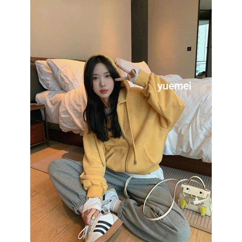 新款女宽松棉质连帽外套韩版简约长袖卫衣设计感休闲纯色拉链开衫