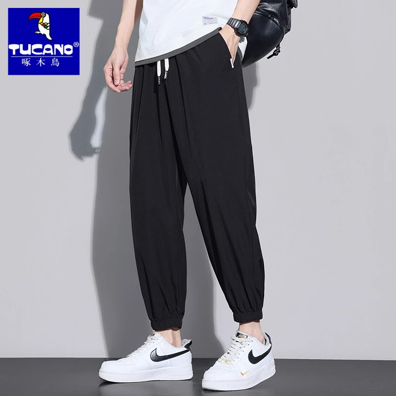 啄木鸟男士夏季薄款冰丝裤夏天休闲裤潮流束脚裤宽松直筒速干长裤