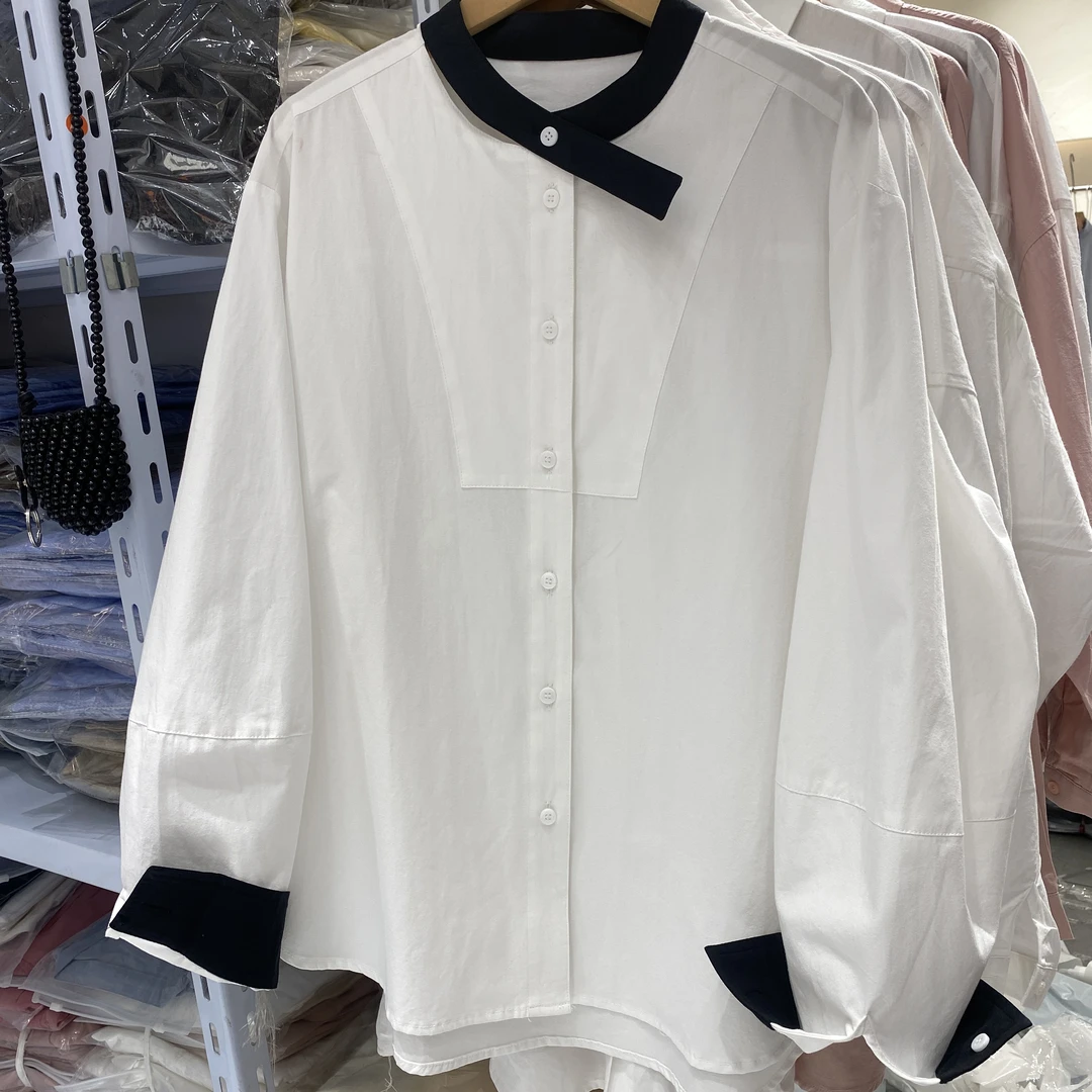 阿哈家 早春新款韩版撞色圆领长袖衬衫女