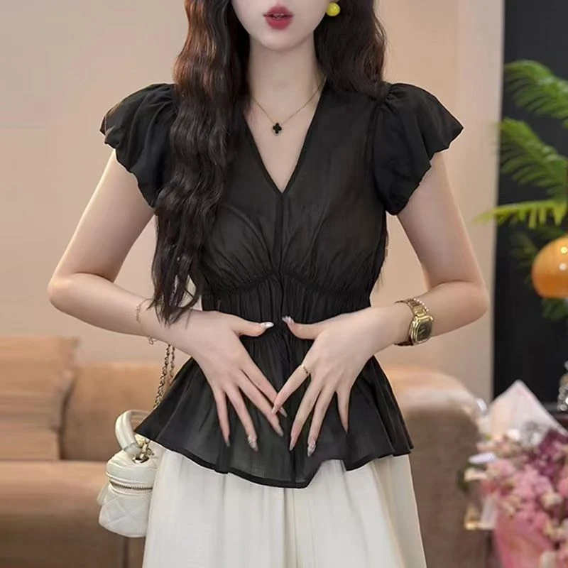 2505韩系甜美减龄飞飞袖V领衬衫夏季捏褶收腰上衣女