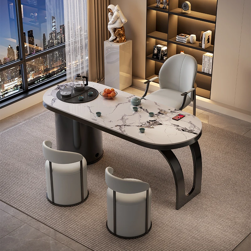 现代简约轻奢岩板茶桌椅组合办公室一桌五椅阳台泡茶台烧水壶一体