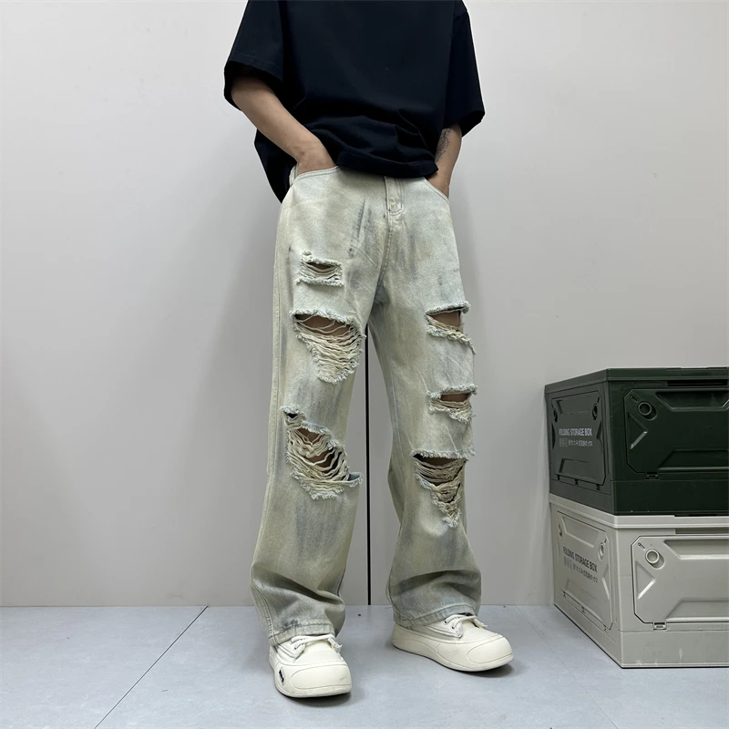 昊Studio夏季破洞做旧高街美式牛仔裤男士潮流直筒裤百搭宽松裤子