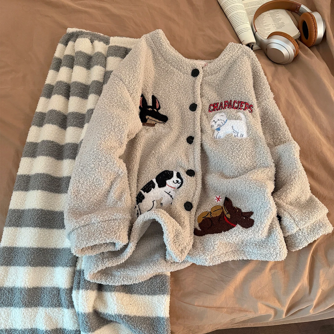 半边绒睡衣女冬季韩系ins加厚保暖可爱小狗宽松珊瑚绒家居服套装