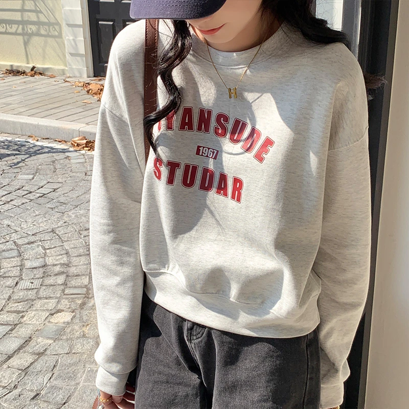 大码200斤美式简约字母印花上衣胖mm宽松遮肉显瘦加绒圆领卫衣女