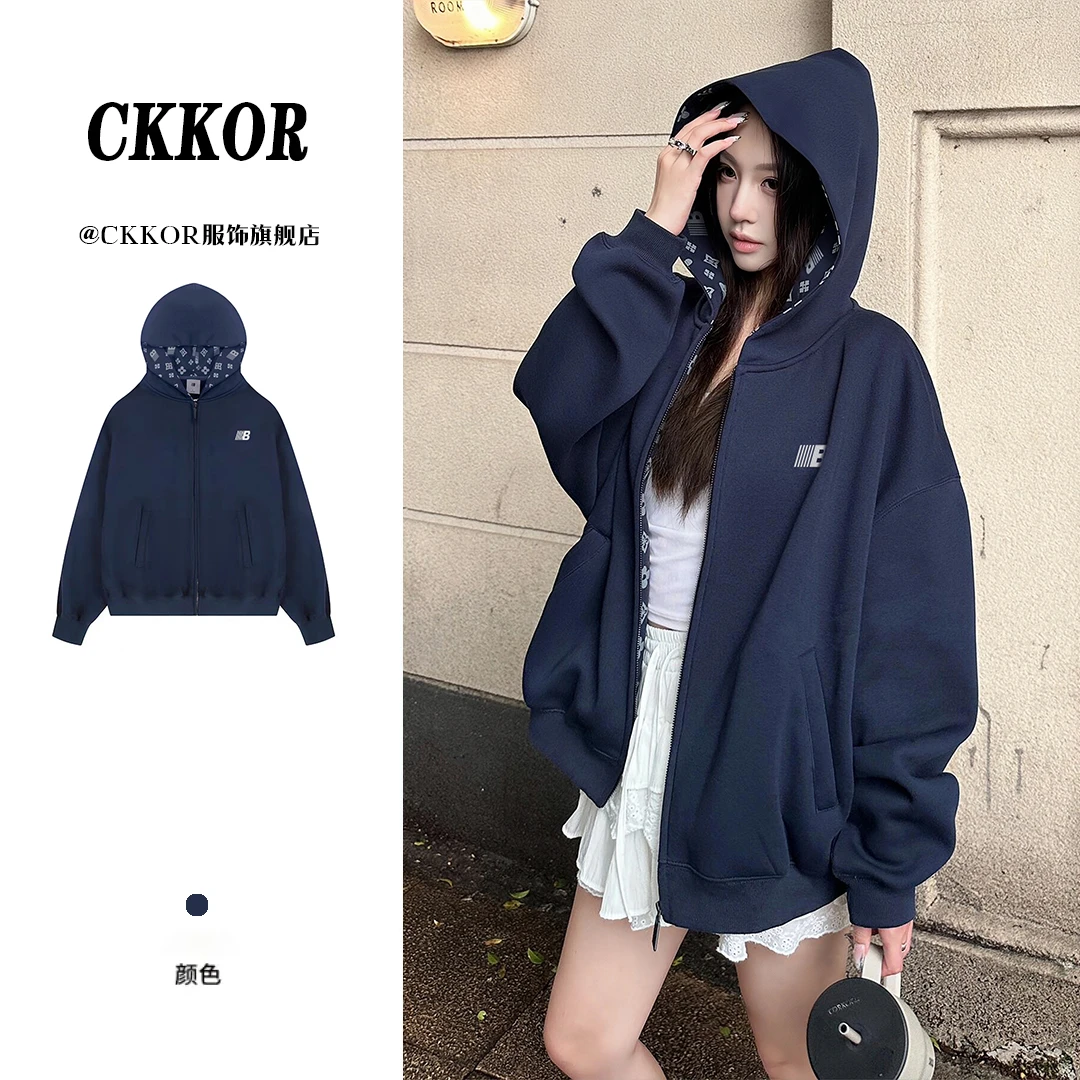 CKKOR美式潮牌男女款卫衣春秋新款oversize休闲外套拉链连帽刺绣