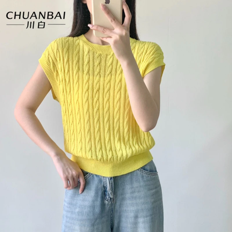 CHUANBAI 川白夏季新款和纸纱竖条纯色短袖时尚百搭针织衫