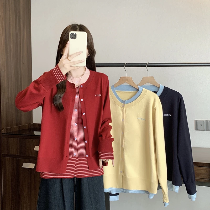 实拍2025秋装新款胖mm大码女韩系甜美圆领假两件长袖针织上衣