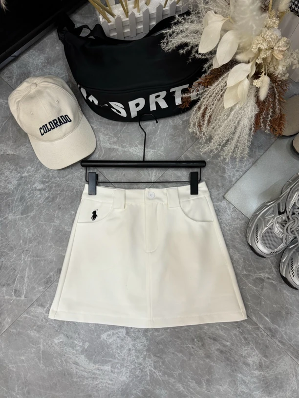 【小马刺绣白色高腰短裙 附腰带】2025新款高腰显瘦防走光A字半身裙