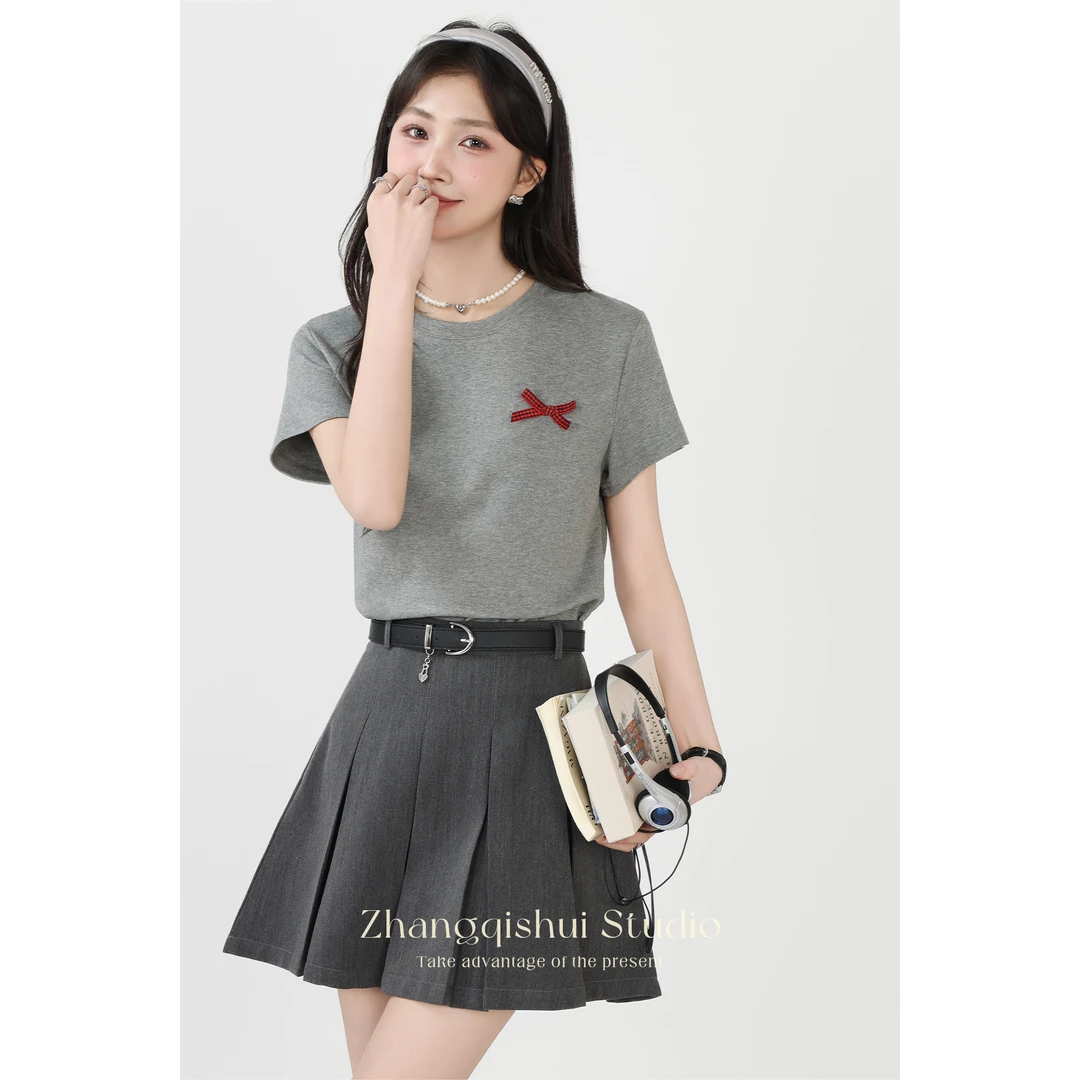 张汽水灰色圆领正肩短袖t恤小众百搭宽松短款上衣女Z08509