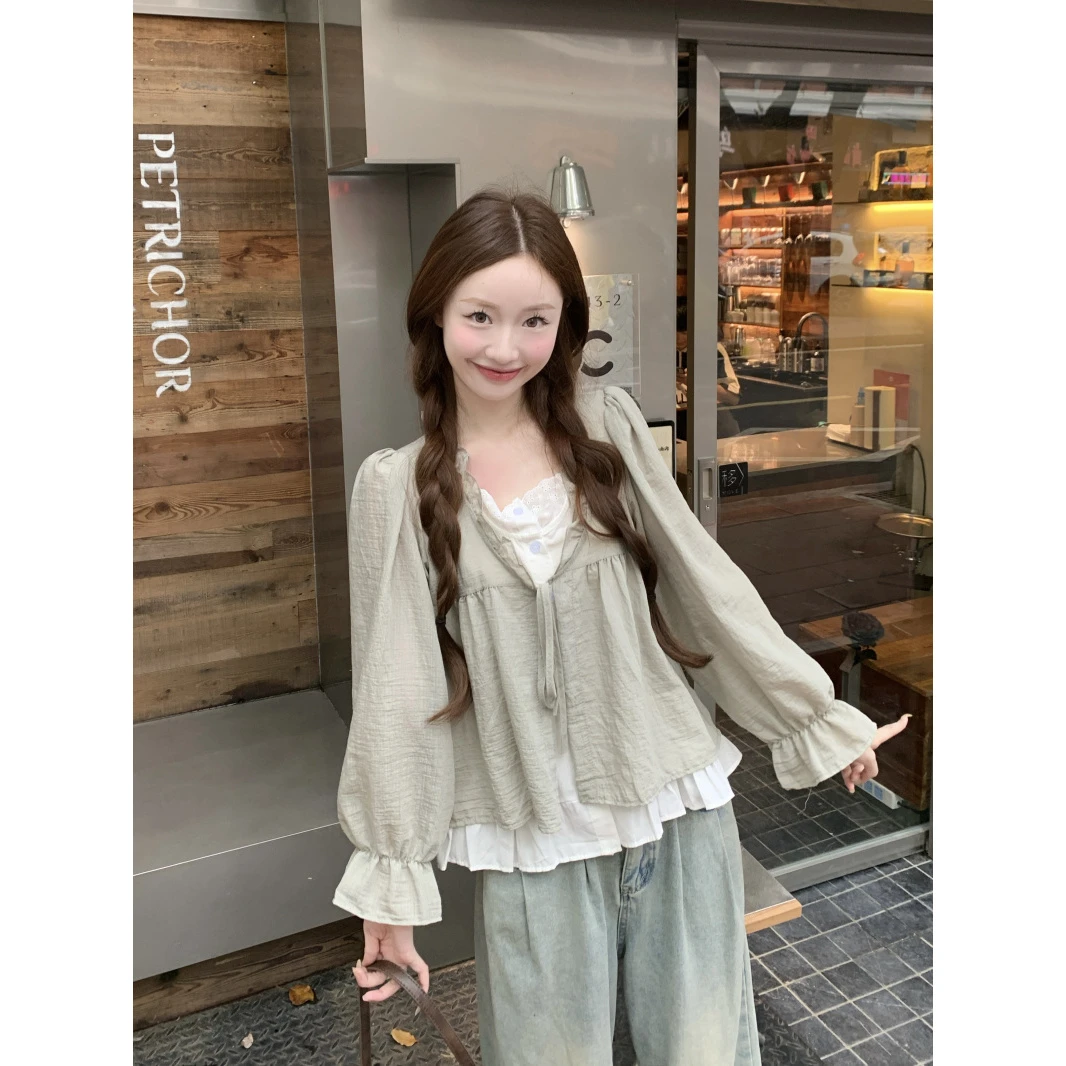 小众假两件绑带长袖衬衫女早秋2025新款气质宽松显瘦减龄别致上衣