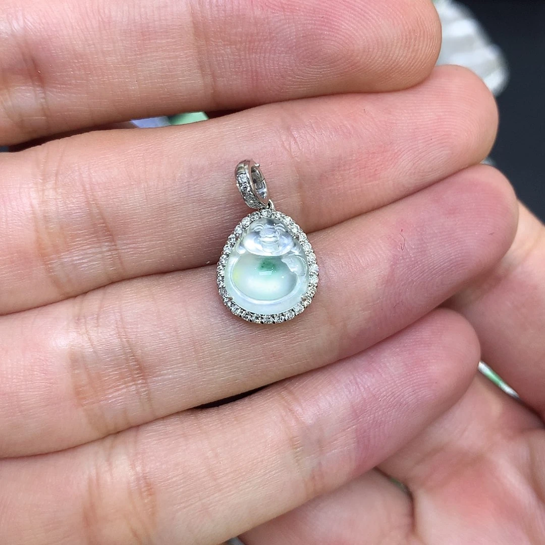 翡翠18K金镶嵌吊坠(不含链)飘绿佛公