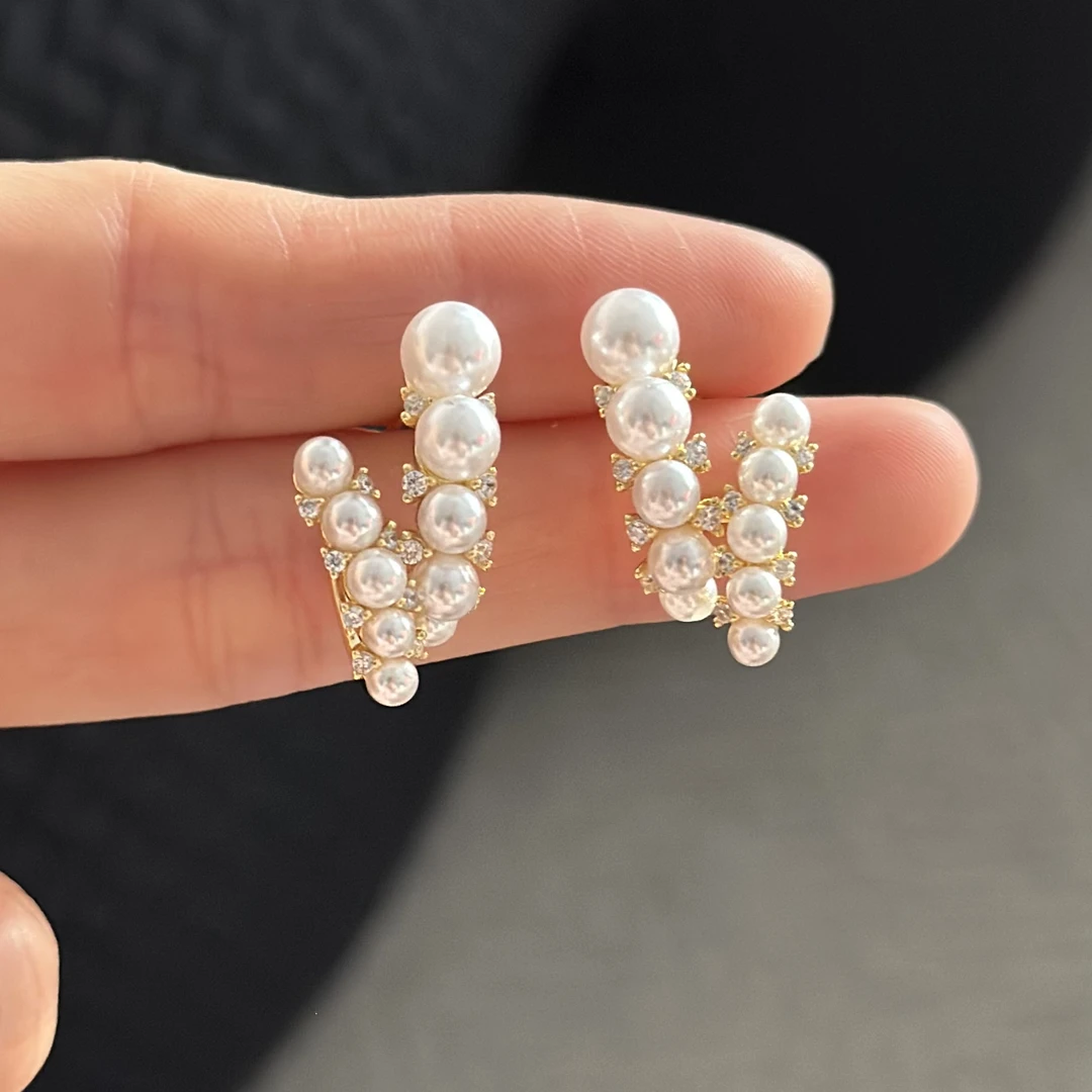 铜合金仿珍珠耳饰 法式双排珍珠耳钉E2525