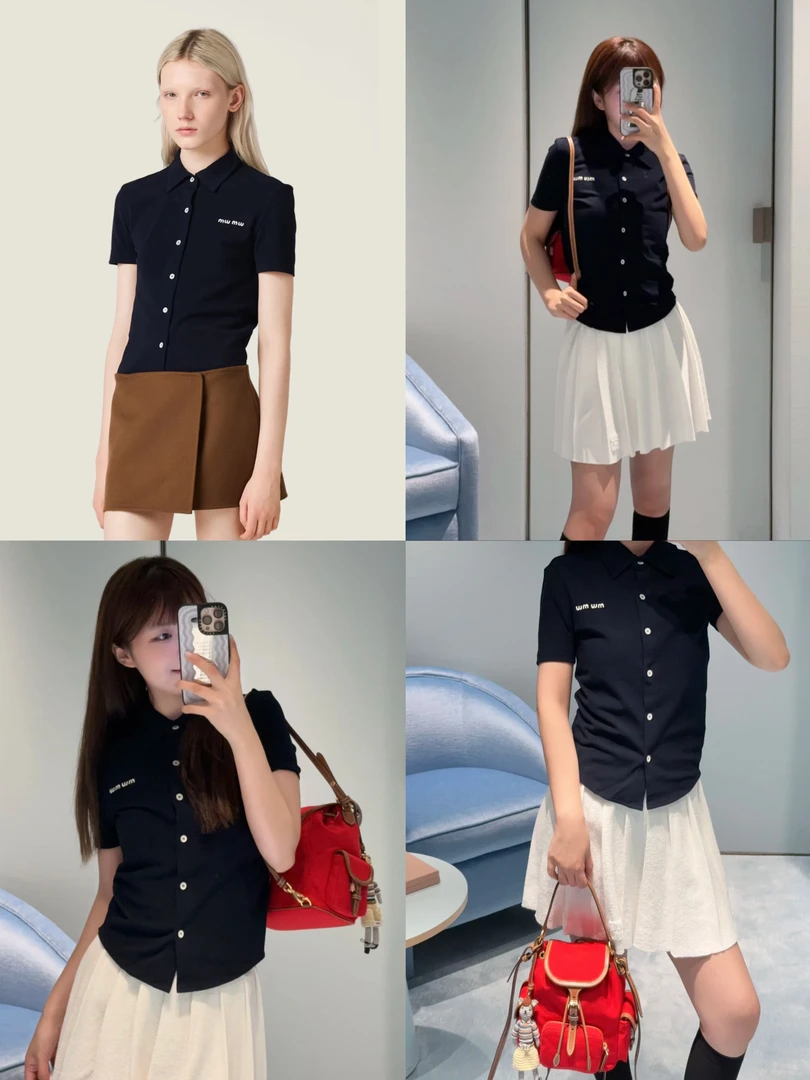 通勤女孩 字母刺绣珠地棉翻领修身简约通勤百搭POLO开衫上衣80192