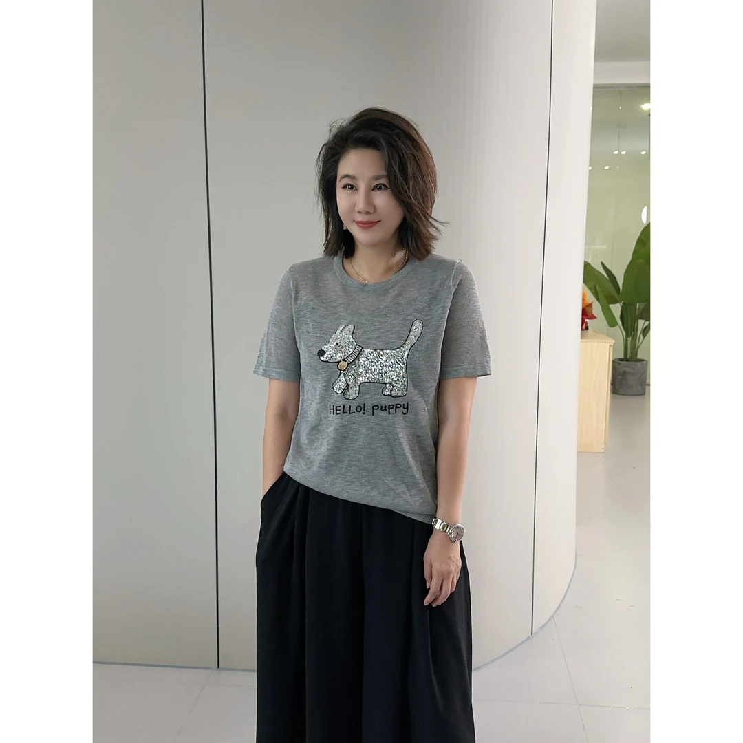 微胖女装【活力小狗】冰丝麻感小狗毛织半袖夏季新款短袖T恤7252