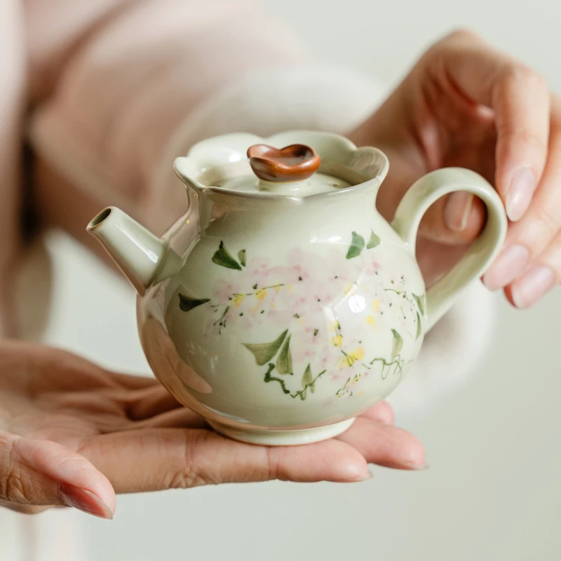 德白草木灰纯手绘紫藤花陶瓷茶壶家用功夫茶具泡茶单壶过滤泡茶器