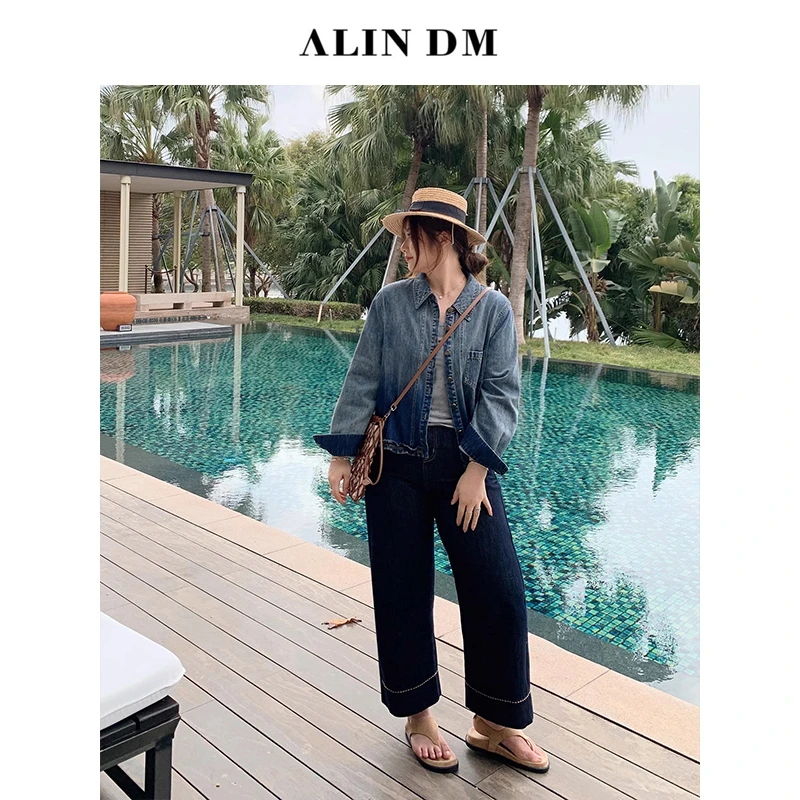 ALINDM【反转宽边】大码微胖mm高腰宽松显瘦直筒牛仔裤 J0302