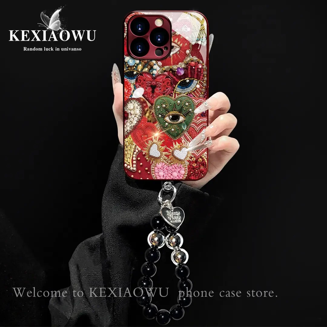 酒红色电镀玻璃繁心珠绣适用苹果oppo华为vivo小米手链手机壳