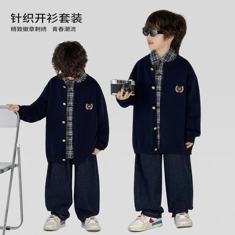 中班仔男童套装针织开衫衬衫牛仔裤春秋三件套2025新款*ZH2641