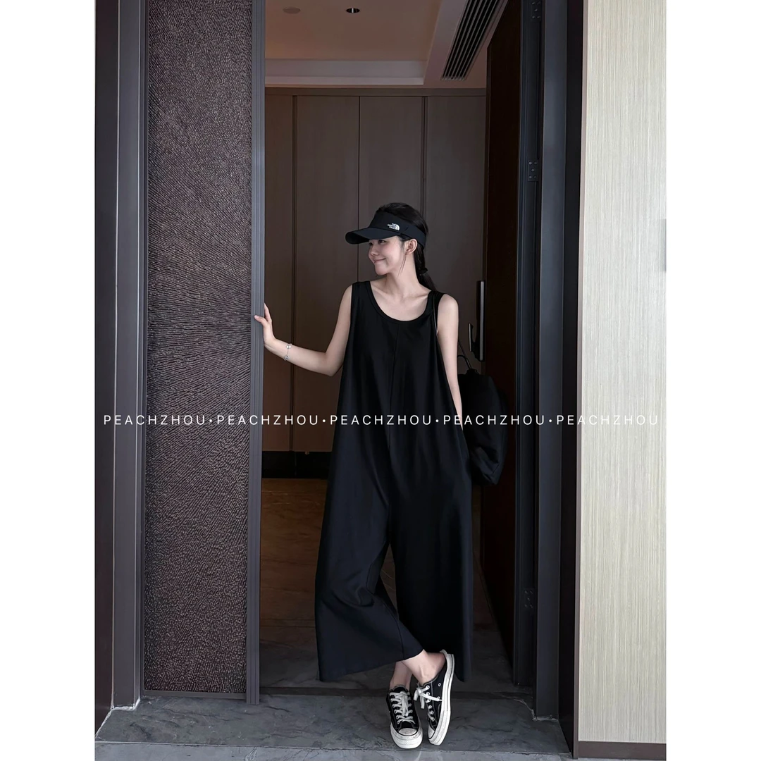 『PEACHZHOU』极简单缝线无袖宽松休闲背带裤高级感阔腿九分连体裤