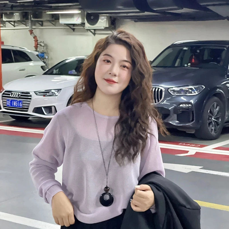 WenWen小个子2025春季韩系圆领针织毛衣微透罩衫长袖上衣2534