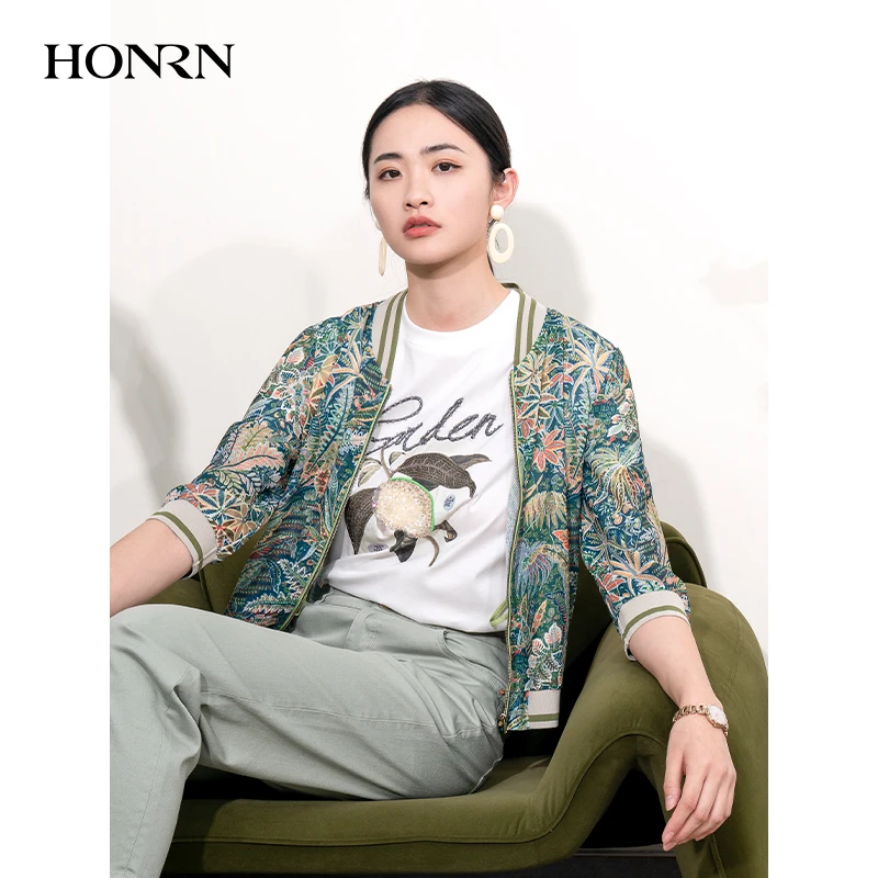 HONRN/红人夏季v领短款新中式休闲夹克开衫外套女薄款HI22OS816