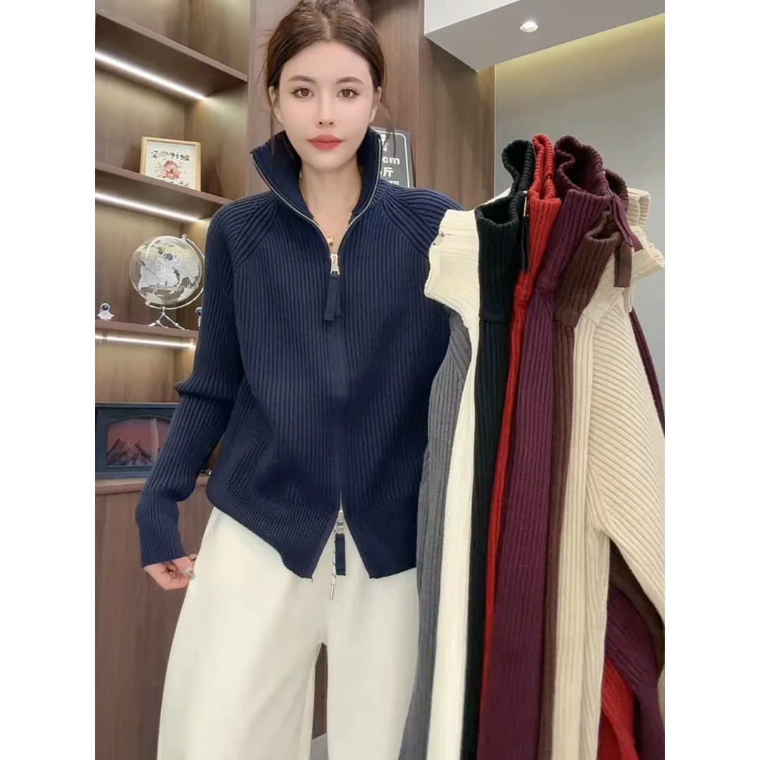 爆款欧货慵懒风双拉链高领针织开衫女时尚百搭显瘦大码毛衣外套潮