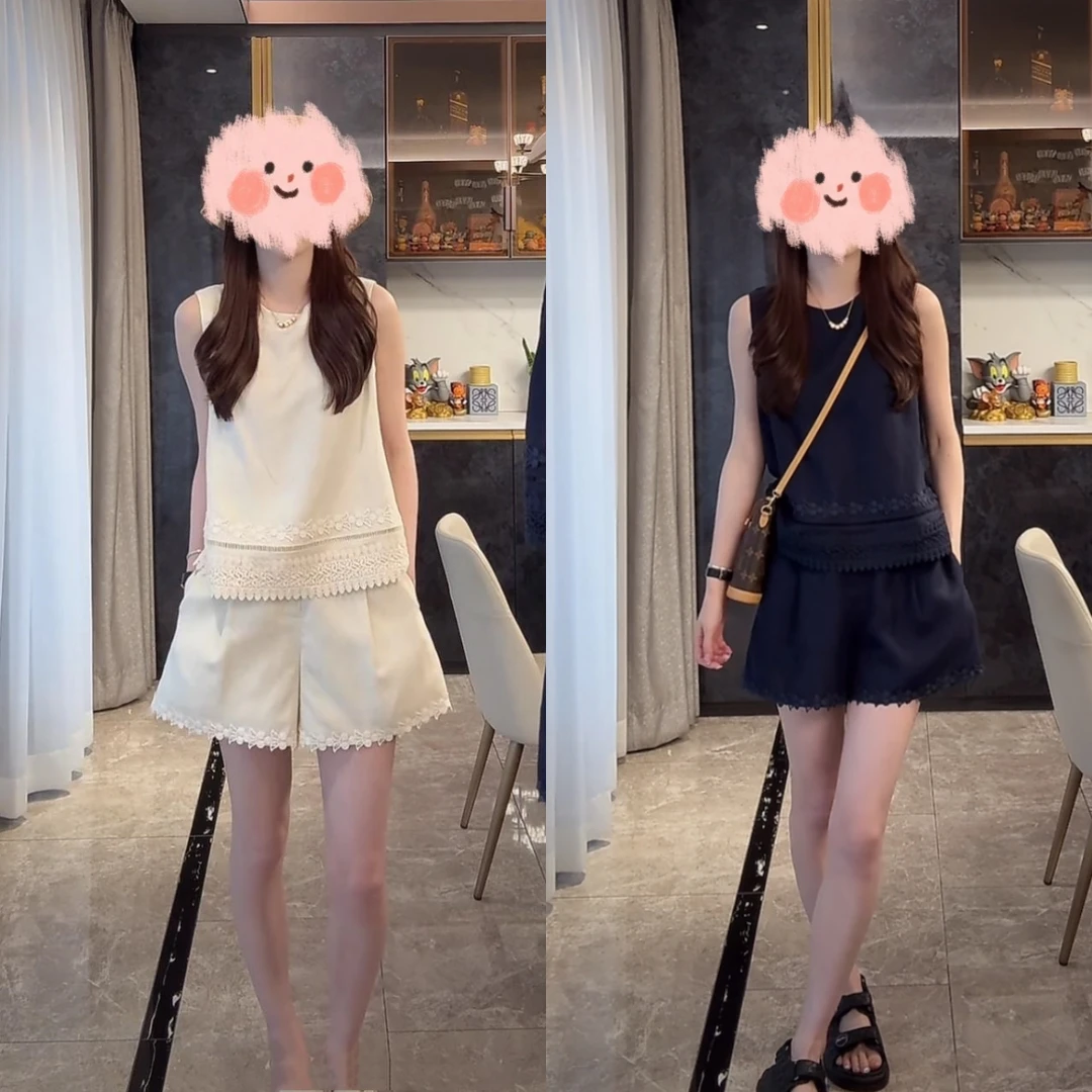 2025夏季新款高级感天丝亚麻无袖背心+花边短裤两件套