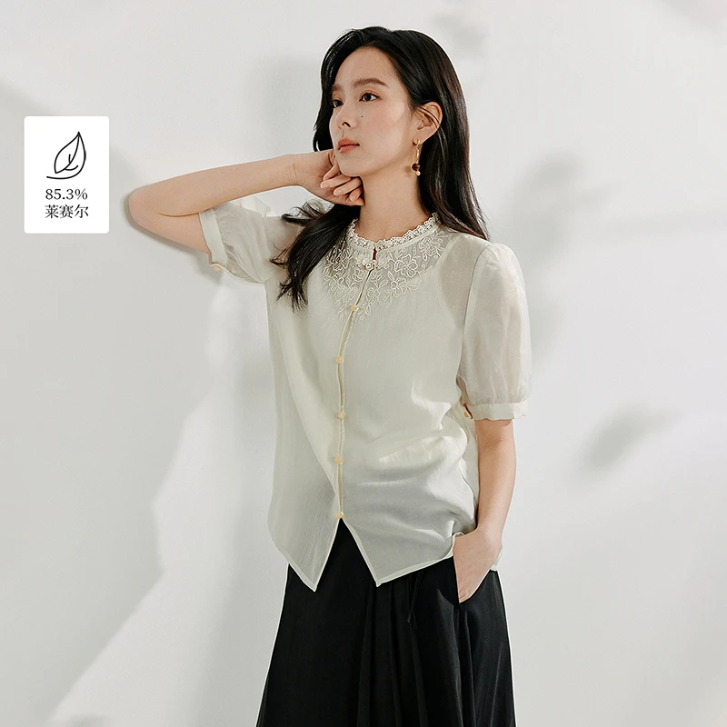 【欧若风新品】茵曼夏季莱赛尔法式重工钉珠刺绣衬衫花边短袖衬衣女