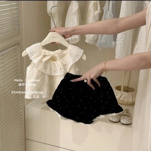 女童韩系2025夏季新款蝴蝶结背心无袖上衣波点牛仔短裤两件套潮款