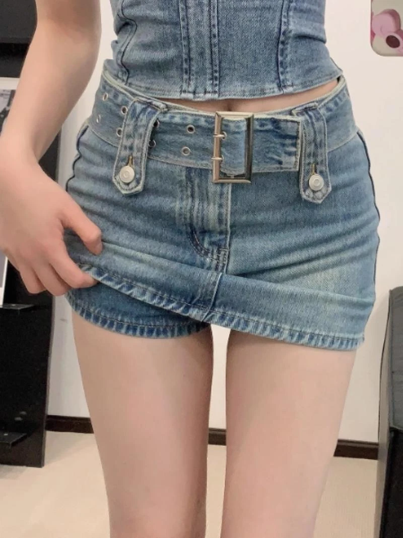 辣妹显瘦高腰短裙裤 半身裙复古弹力H型短裙蓝色复古国潮新风ins