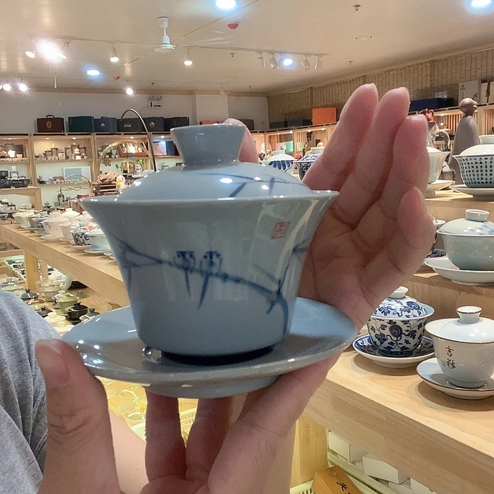 手绘竹叶盖碗草木碗