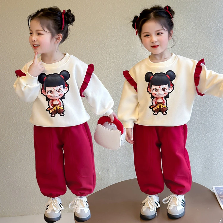 休闲春秋卡通动漫女童中小童卫衣哪吒印花花边时尚套装洋气儿童