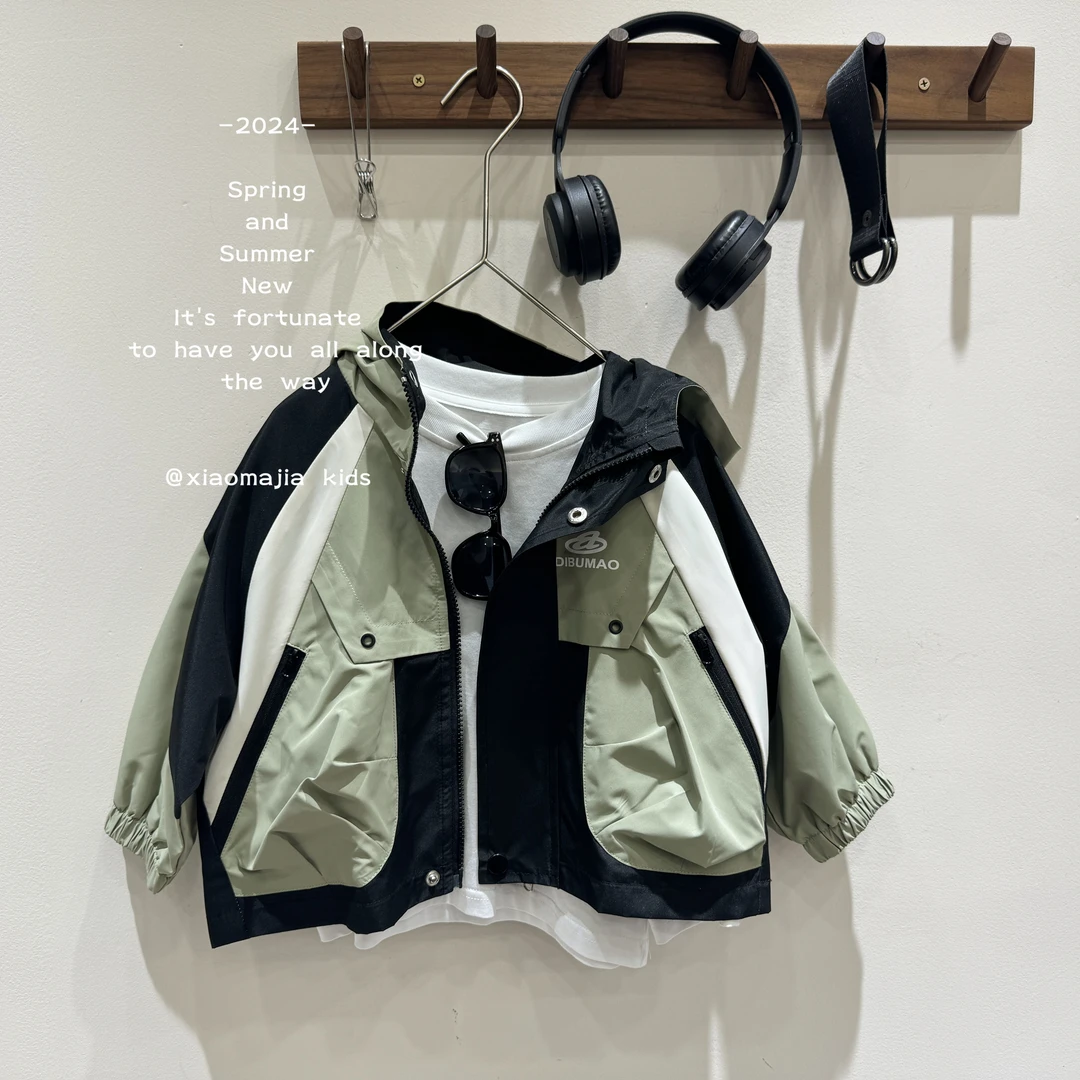 现货-儿童春季新款长袖工装冲锋衣D-3438拼色外套宽松韩版上衣