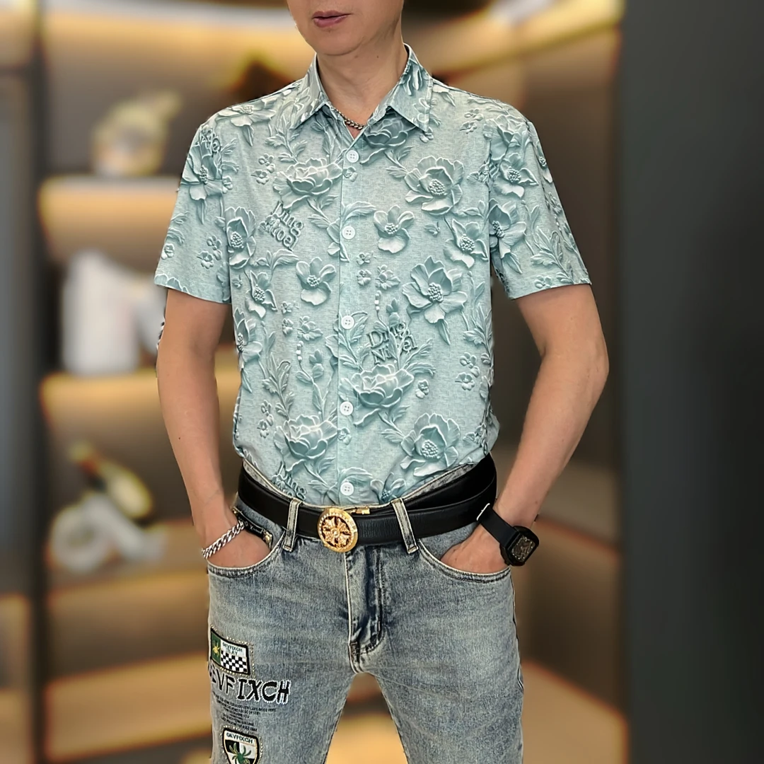 2025男士夏季日常百搭短袖轻奢薄款时尚个性8D手绘立体印花衬衫潮
