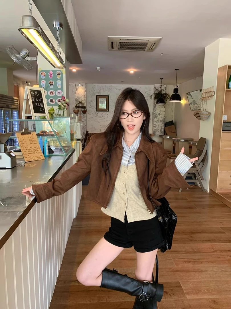 （现货）美拉德麂皮绒设计感外套女秋季咖色夹克短正肩上衣